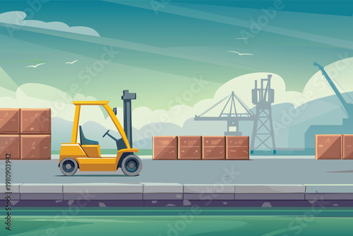 Forklift Moving Cargo Scene Vector Illustration o