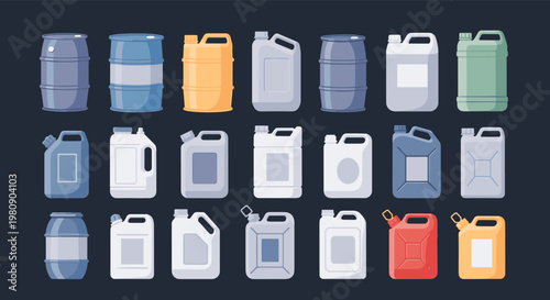 Collection of industrial plastic canisters and metal barrels of various colors and sizes used for chemical and fuel storage.