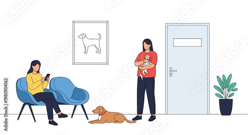 Patients and their pets waiting in a modern and clean veterinary clinic reception area with a dog and a cat.