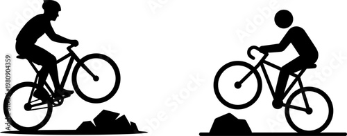 Two black silhouettes of cyclists performing mountain bike maneuvers over uneven rocky terrain