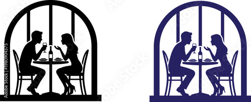 A pair of silhouettes showing a romantic couple enjoying a candlelit dinner inside a cafe arch