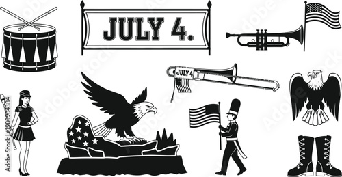 Fourth of july celebration elements with drum, banner, trumpet, eagle, and marching band vectors.