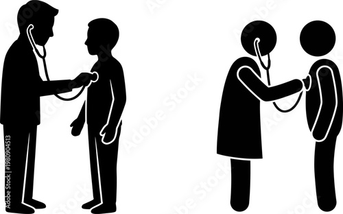 Black and white silhouette icons of doctors using stethoscopes to examine patients in a clinic