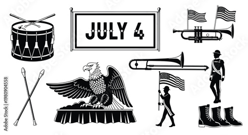 Independence day parade elements like drum bugle trumpet trombone eagle soldier and flags.