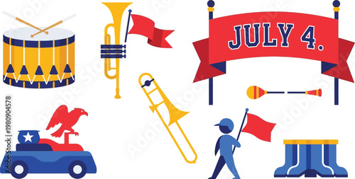 July fourth parade icons drum trumpet trombone eagle car flag bearer and drum major.