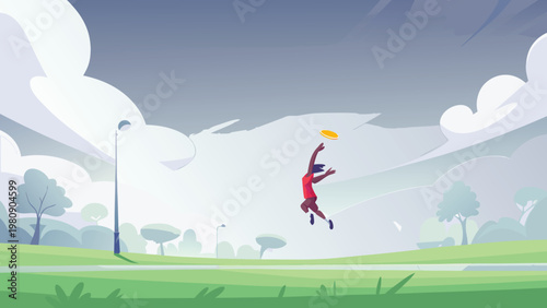 Frisbee Catch Jump Scene Vector Illustration of a