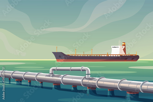 Fuel Tanker Ship Scene Vector Illustration of Lar