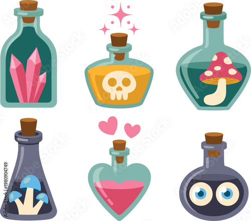 Magic potion bottles set, fantasy elixirs collection vector illustration for game design, witchcraft, cartoon style icons