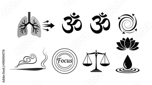 Yoga and meditation spiritual symbols set black and white vector icons for wellness design.