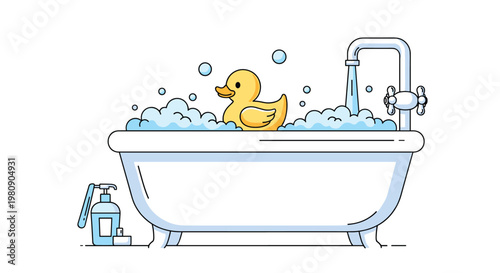 Relaxing bath time illustration featuring a bathtub filled with bubbles and a yellow rubber duck under a running water faucet.