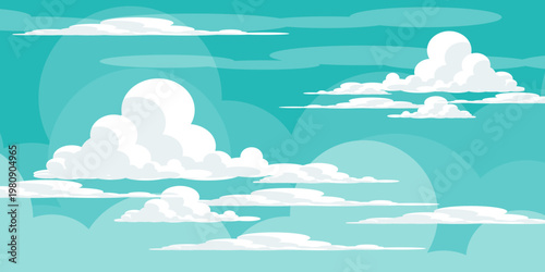 Illustration of a blue sky with white clouds in a flat style. Blue sky background and white clouds. Cartoon sky,summer background..
