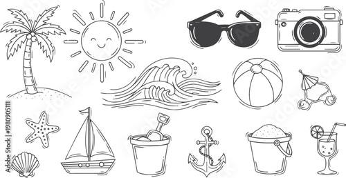 Hand Drawn Summer Vacation and Travel Essentials Doodle Icon Set with Editable Stroke