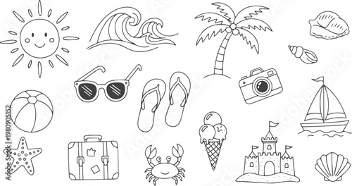 Hand Drawn Summer Vacation and Travel Essentials Doodle Icon Set with Editable Stroke