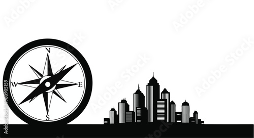 city skyline with compass navigation urban planning
