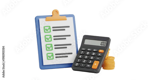 Vector illustration of 3d rendering of a clipboard with a checklist and a calculator with coins on a transparent background