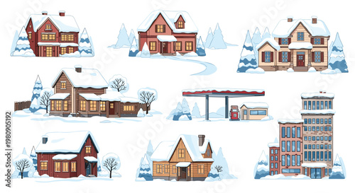 Charming winter village set with various houses, a multi-story building, and a gas station all covered in a thick layer of white snow.