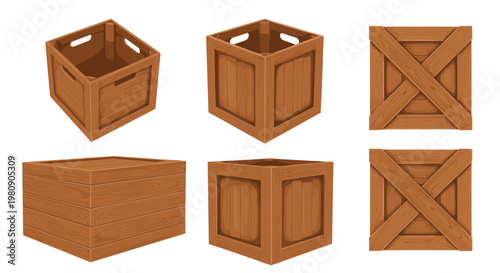 Collection of wooden shipping crates in various sizes and angles, including open, closed, and front view designs for storage.