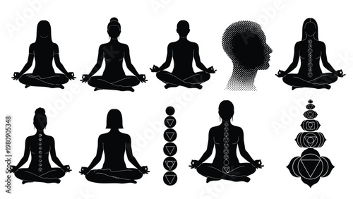 Silhouettes of people meditating in lotus pose showing chakras and spiritual energy flow.