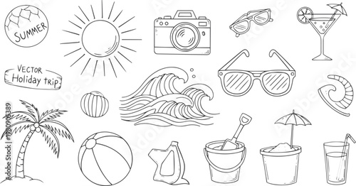 Hand Drawn Summer Vacation and Travel Essentials Doodle Icon Set with Editable Stroke