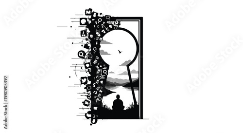 black and white silhouette of person looking at balloon