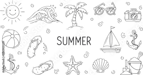 Hand Drawn Summer Vacation and Travel Essentials Doodle Icon Set with Editable Stroke