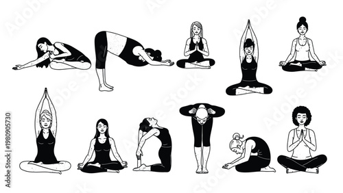 Set of women performing various yoga poses, demonstrating different body stretches and meditation positions.