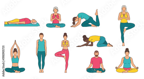 Men and women performing yoga exercises and meditation postures for physical health and mental balance vector.