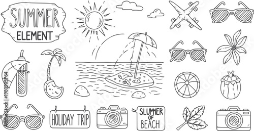 Hand Drawn Summer Vacation and Travel Essentials Doodle Icon Set with Editable Stroke