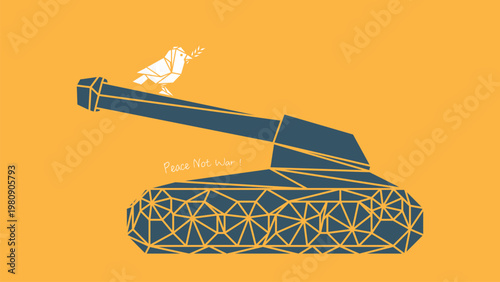 Polygon peace dove carrying olive branch on military tank isolated on yellow background