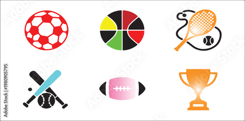 Vibrant vector icons of diverse sports equipment, including soccer, basketball, tennis, baseball, football, and a championship trophy for athletic themes