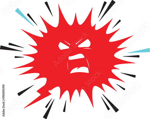 Vibrant red explosion icon with an angry face, symbolizing intense rage, frustration, and a powerful emotional outburst, depicting extreme irritation or a sudden burst of aggression and stress