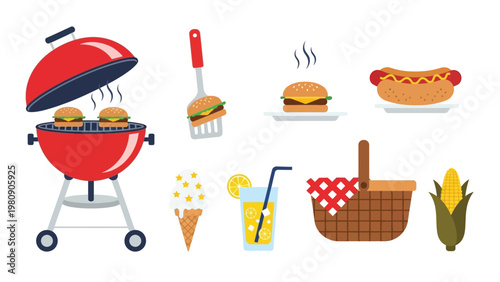 Barbecue icons set for summer picnic celebration featuring grill burgers hot dog ice cream lemonade and basket.
