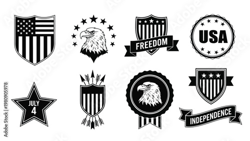 American independence day badges set featuring eagle heads shields stars ribbons and patriotic emblems black art.