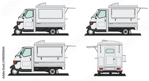 Technical illustration of a small white three-wheeled food truck, showing various side and rear views with its service hatch open.