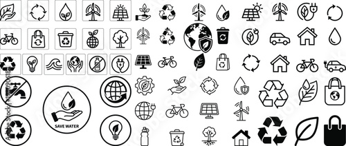 Eco sustainability mega icon pack with recycling, renewable energy, zero waste and environmental protection symbols in outline and solid styles for apps and design
