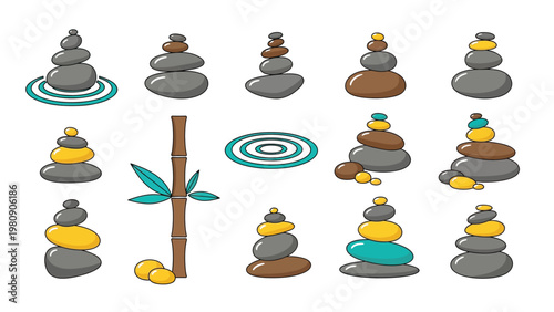 Zen stone balancing stacks and bamboo elements representing peace harmony meditation and natural spa wellness.