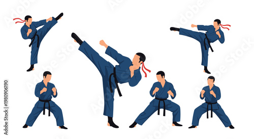 Set of six martial artist poses showing a man in a blue uniform and black belt performing various kicks, stances, and defensive moves.
