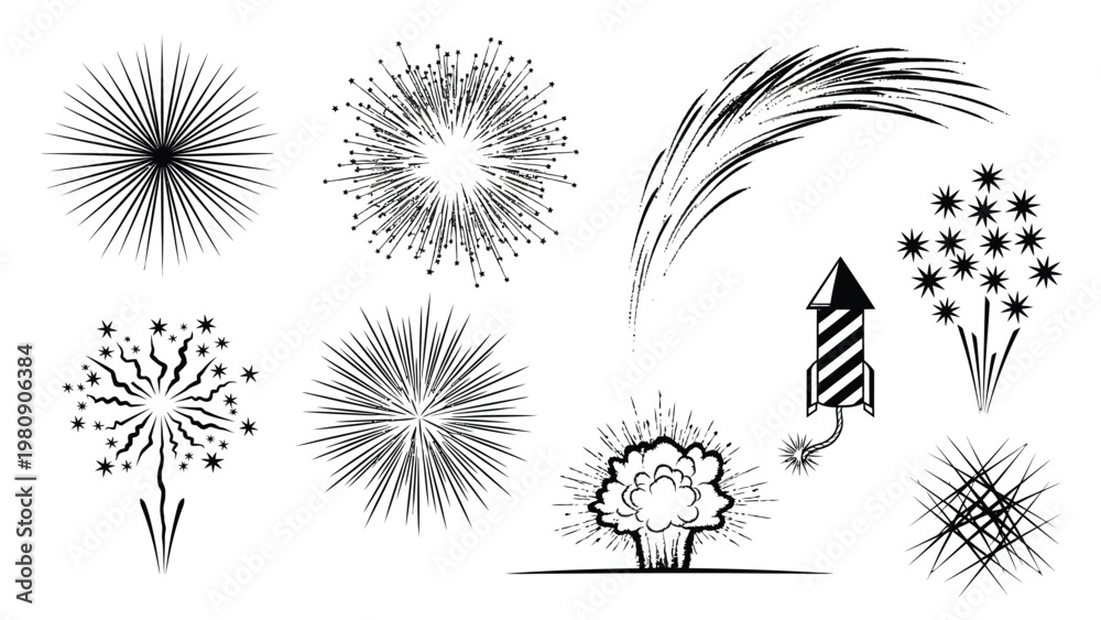Obraz premium Collection of black and white fireworks, rockets, and explosion effects for festive illustrations.