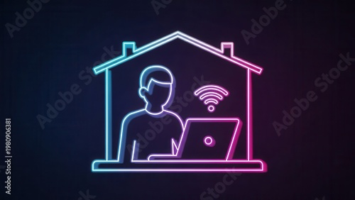 Vibrant neon outline illustrating modern remote work productivity within a connected home