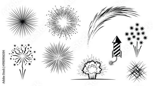 Collection of black and white fireworks, rockets, and explosion effects for festive illustrations.