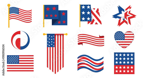Set of american flag designs and patriotic symbols for fourth of july celebrations and national events.