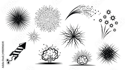 Monochrome fireworks display and rocket design elements for patriotic events and celebrations.