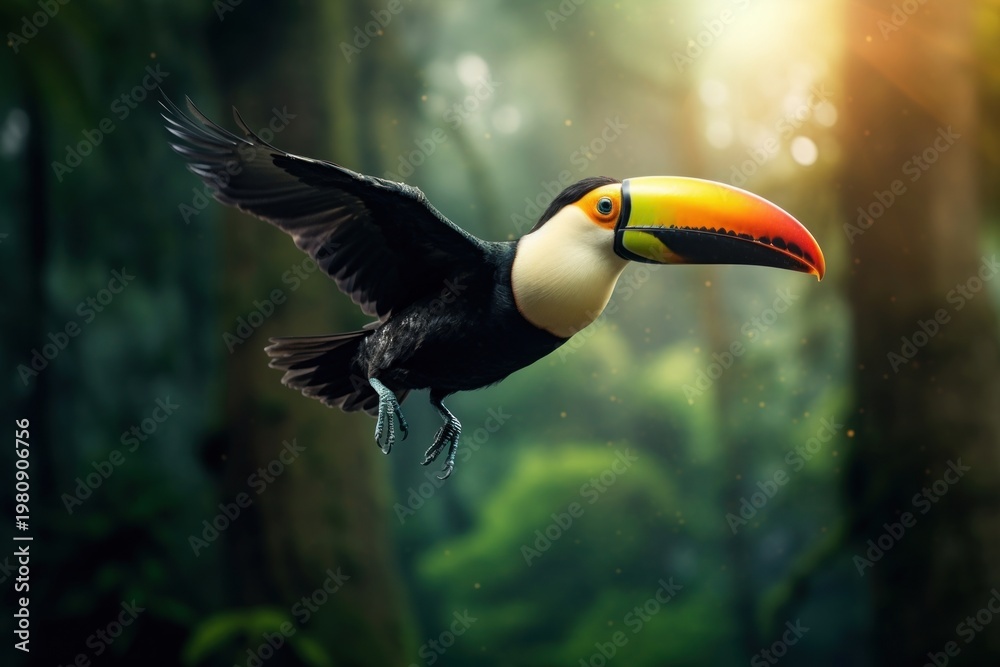 Fototapeta premium Toucan flying in forest animal nature bird.