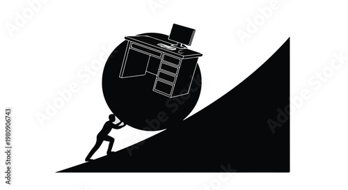 man pushing heavy office desk uphill struggle