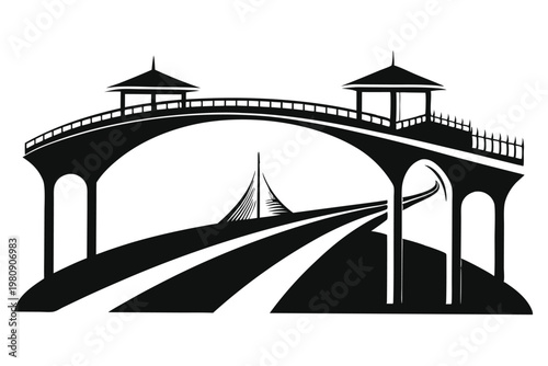bridge over highway silhouette line art vector illustration