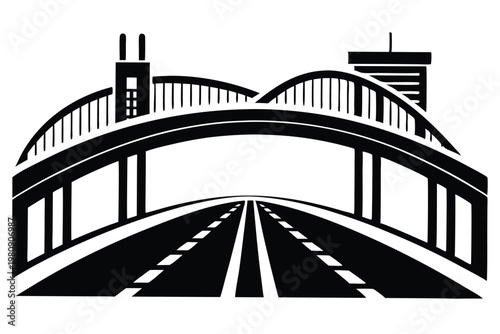 bridge over highway silhouette line art vector illustration