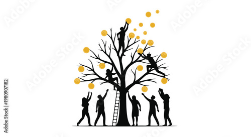 teamwork harvesting fruit tree silhouettes