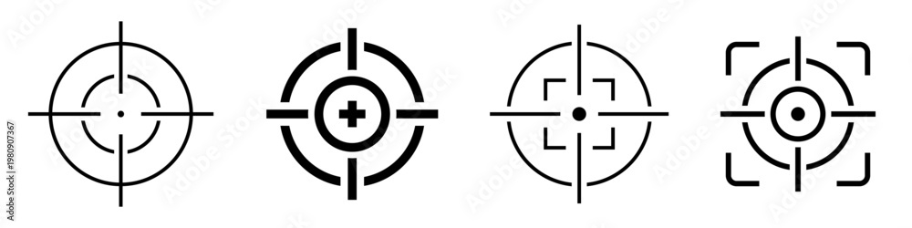 Fototapeta premium Aim target icon set. Gun target, focus, sniper, shoot, reticle, sharpshooter, crosshair symbol on white background - stock vector.
