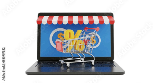 Vector illustration of online shopping concept with a shopping cart and percentage sign on a laptop screen on a transparent background