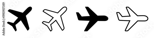 Airplane icon set. Plane, flight transport, travel, aircrafts symbol on white background - stock vector.
